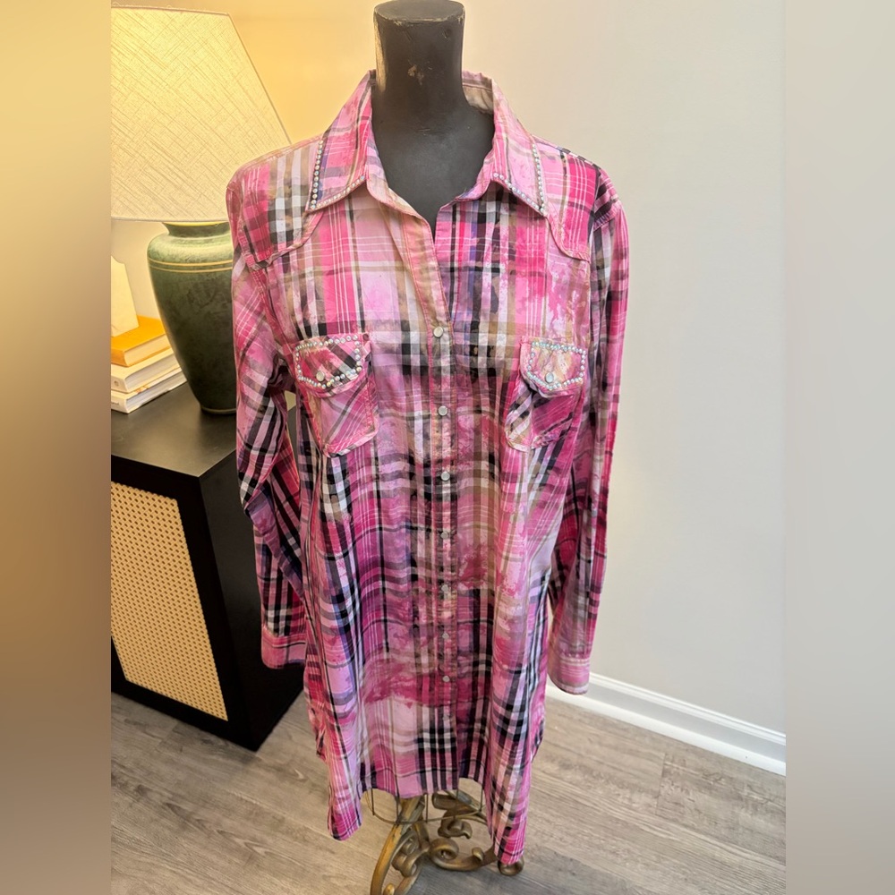 A Rare Bird Handmade Plaid Rhinestone Western Pearl Snap Shirt Dress Size M/L - Picture 3 of 16